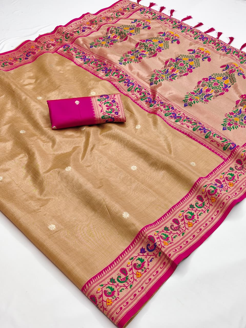 Beige soft tissue paithani silk saree with zari weaving work