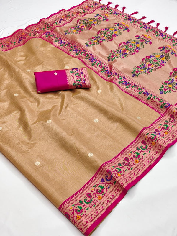 Beige soft tissue paithani silk saree with zari weaving work