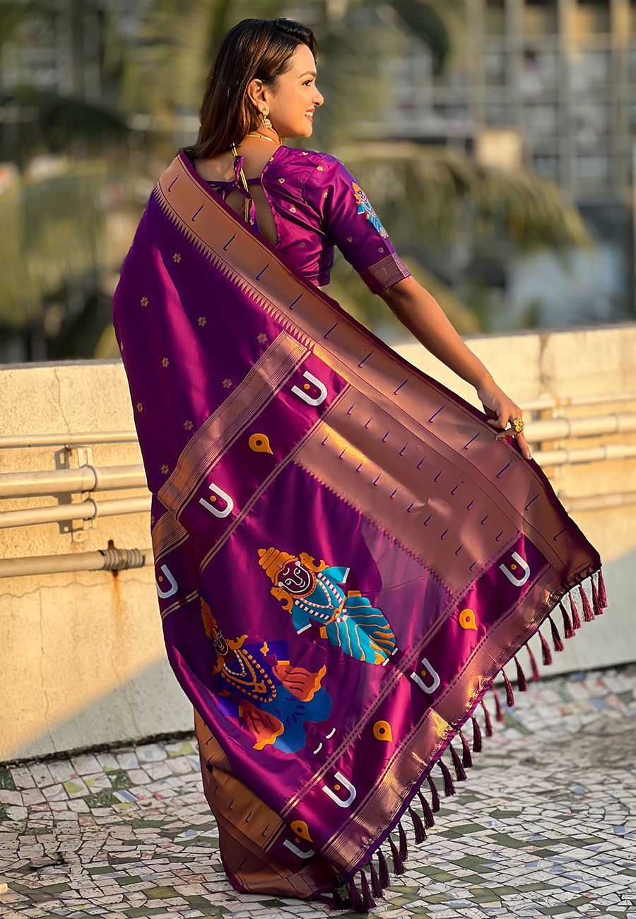 Magenta traditional paithani silk saree with zari weaving work