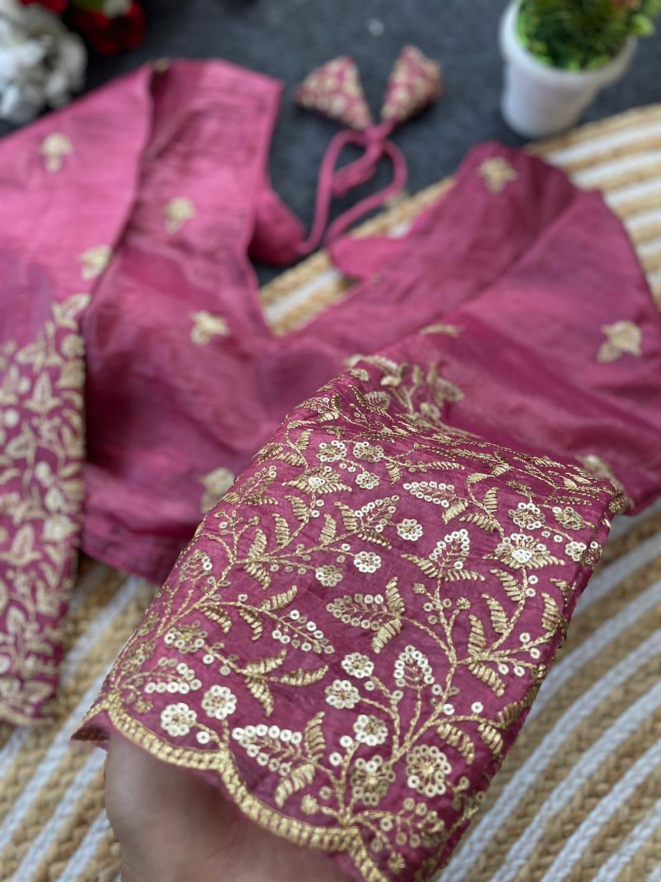 Pink golden crush readymade blouse with sequence and zari work