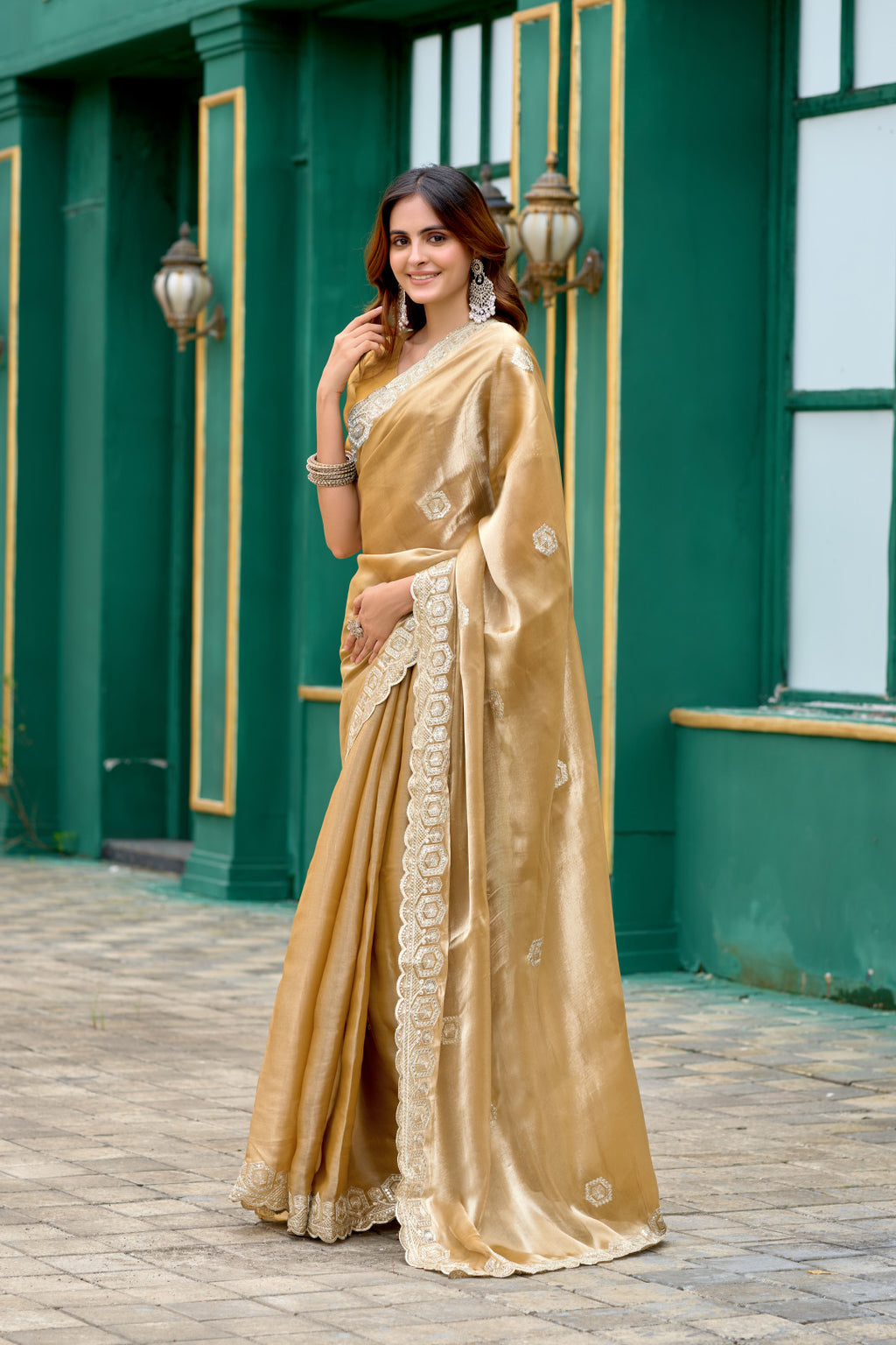 Beige fancy shimmer chiffon saree with embroidery work