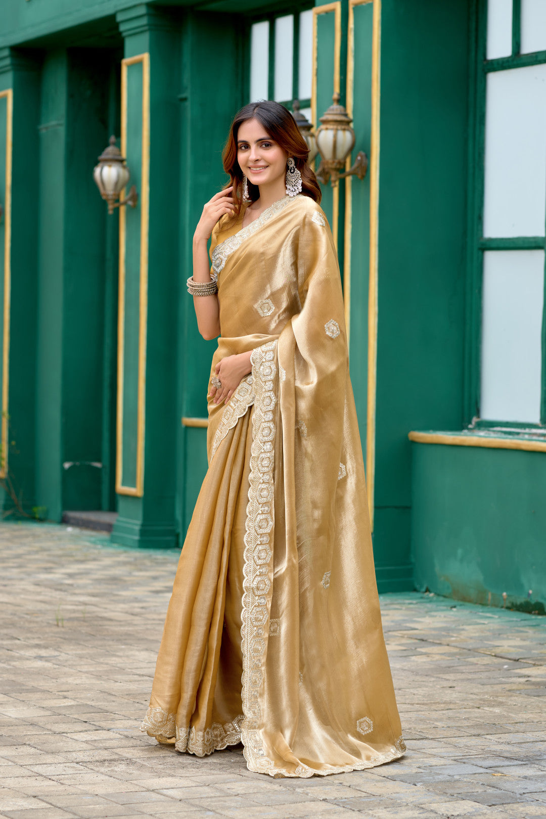 Beige fancy shimmer chiffon saree with embroidery work