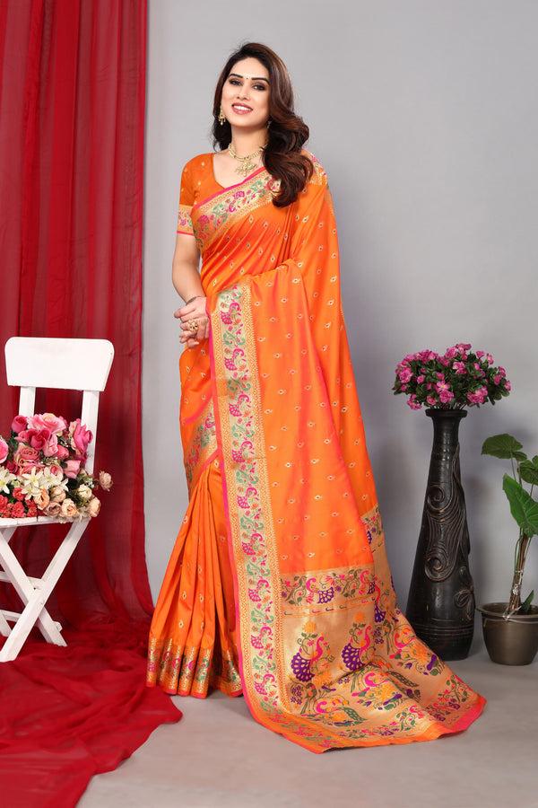 Orange color paithani silk saree with zari weaving work