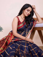 Navy blue kota doriya saree with zari weaving work