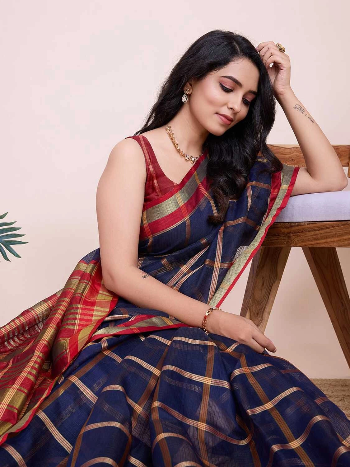Navy blue kota doriya saree with zari weaving work
