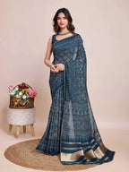 Rama green khadi bandhani printed cotton saree