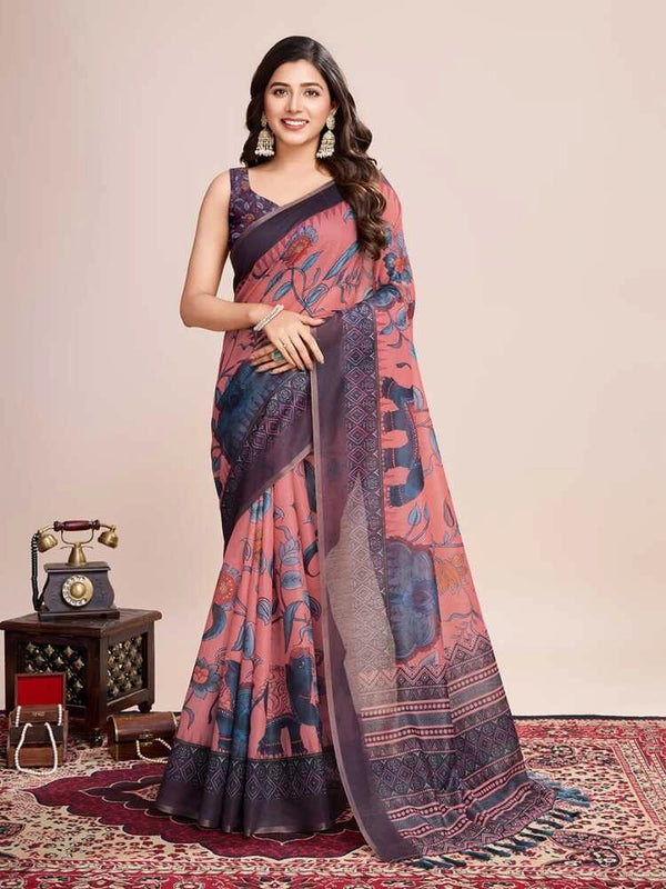 Multi soft linen cotton saree with kalamkari printed work
