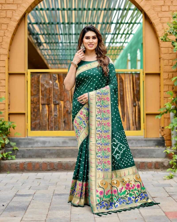 Bottle Green Bandhej Silk Saree with Zari Weaving