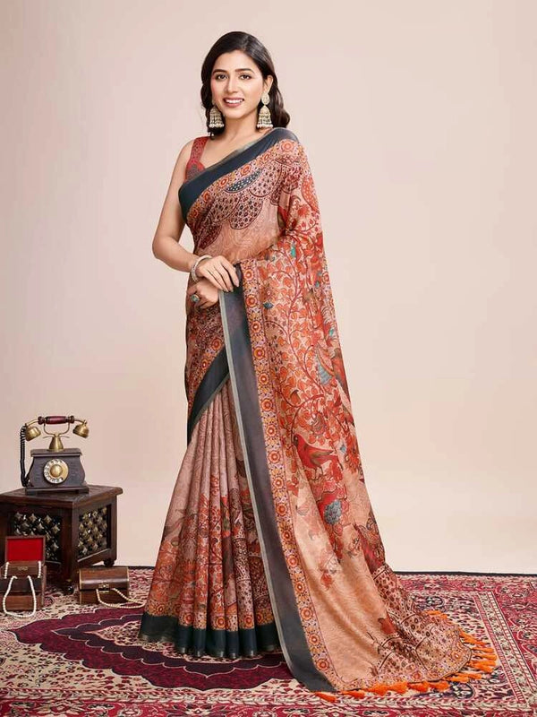 Multi soft linen cotton saree with kalamkari printed work
