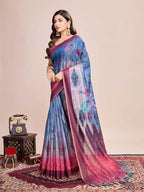 Blue soft linen cotton saree with floral printed work