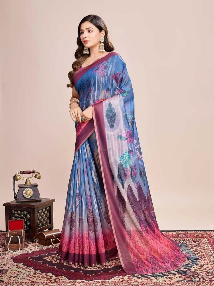 Blue soft linen cotton saree with floral printed work