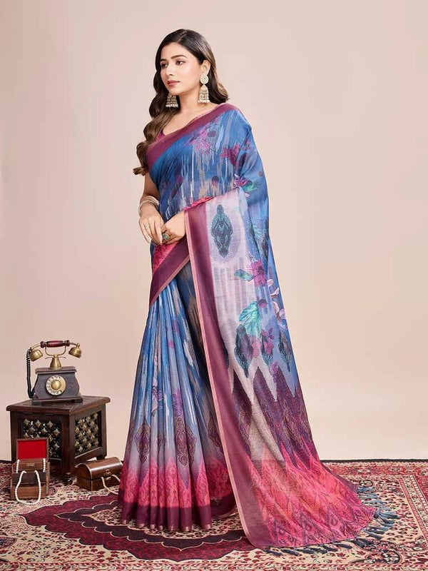 Blue soft linen cotton saree with floral printed work