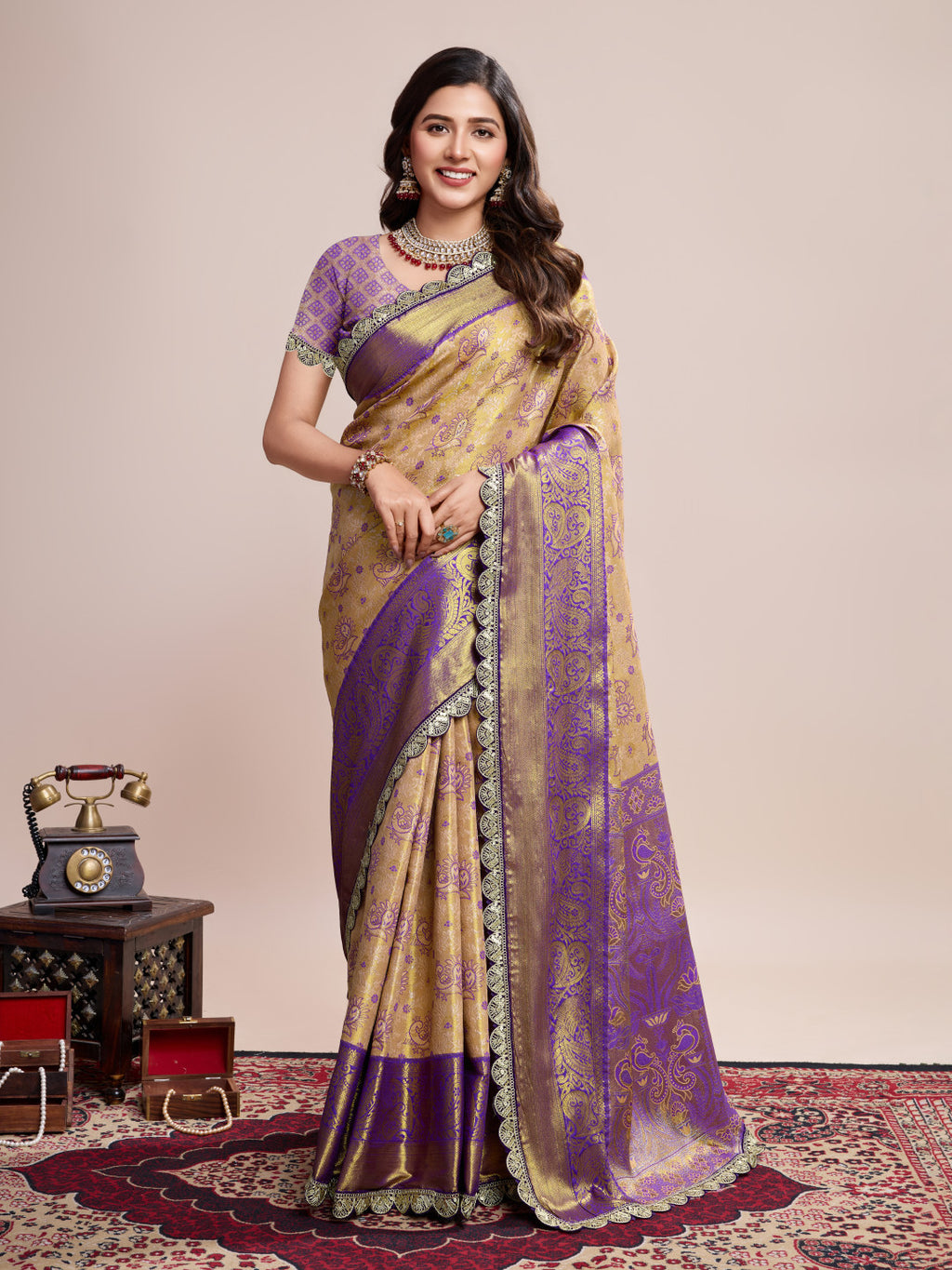 Beige kanjivaram silk saree with zari weaving work