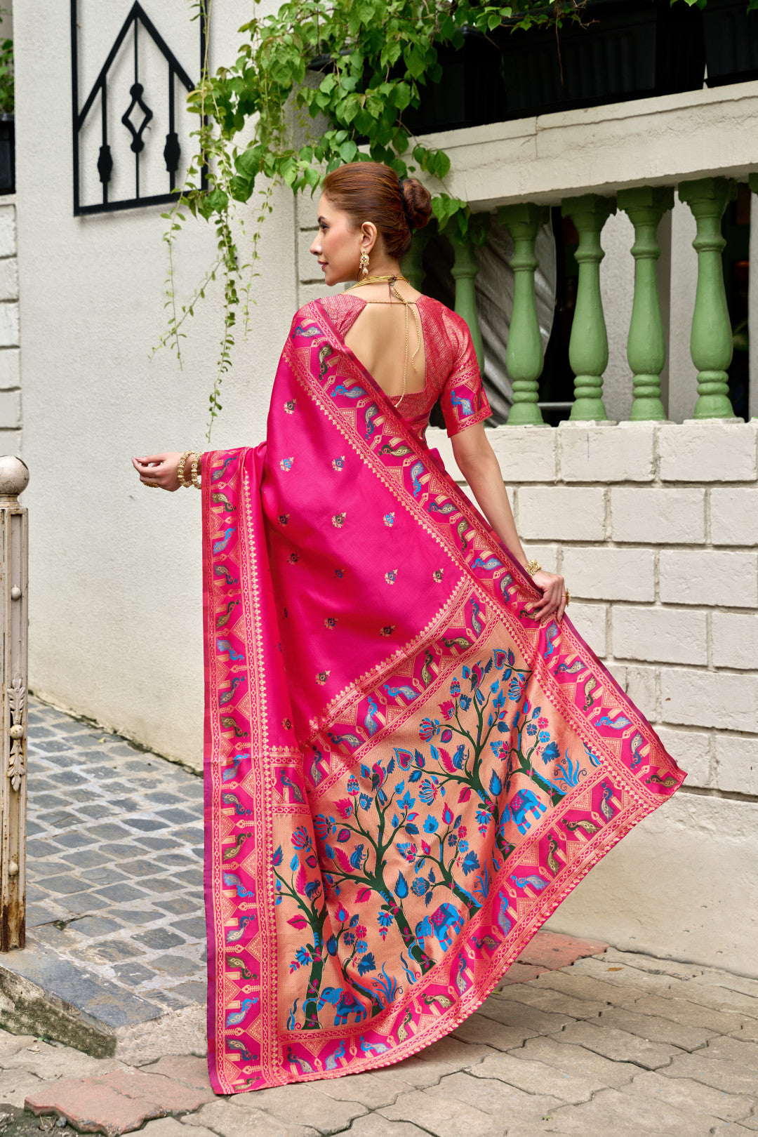 Traditional pink paithani silk saree with zari weaving work
