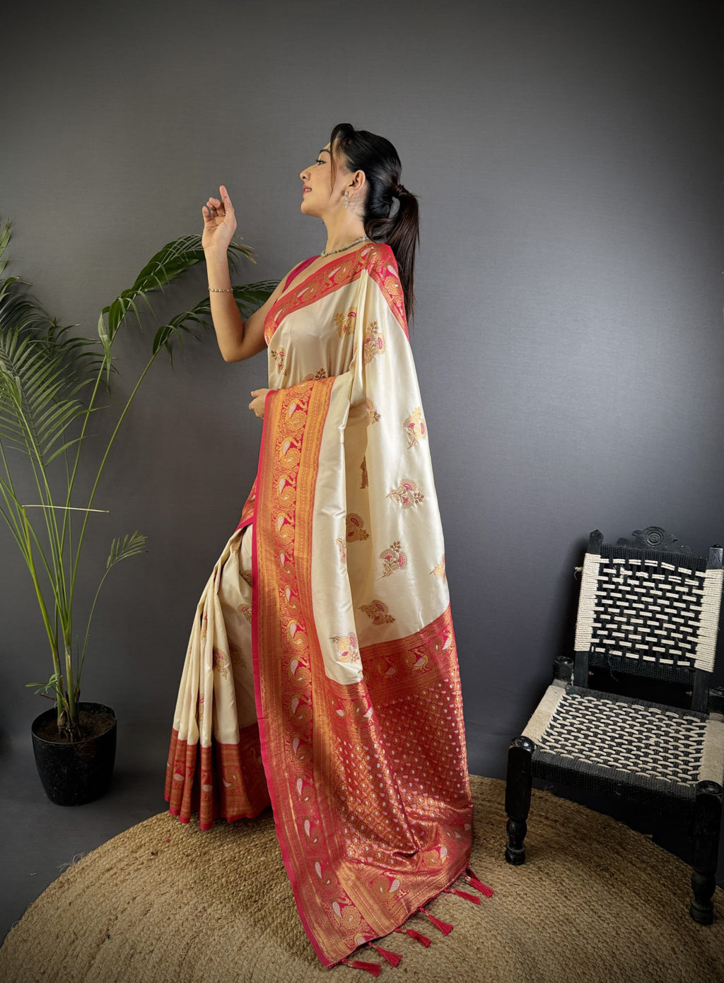 Off white traditional banarasi silk saree with zari weaving work