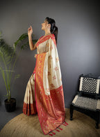 Off white traditional banarasi silk saree with zari weaving work