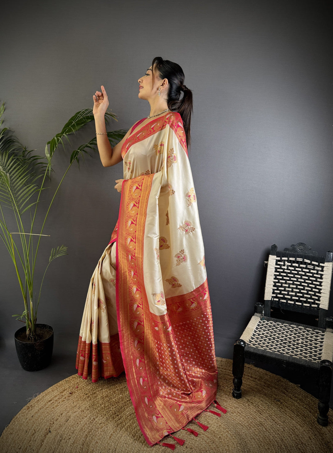 Off white traditional banarasi silk saree with zari weaving work