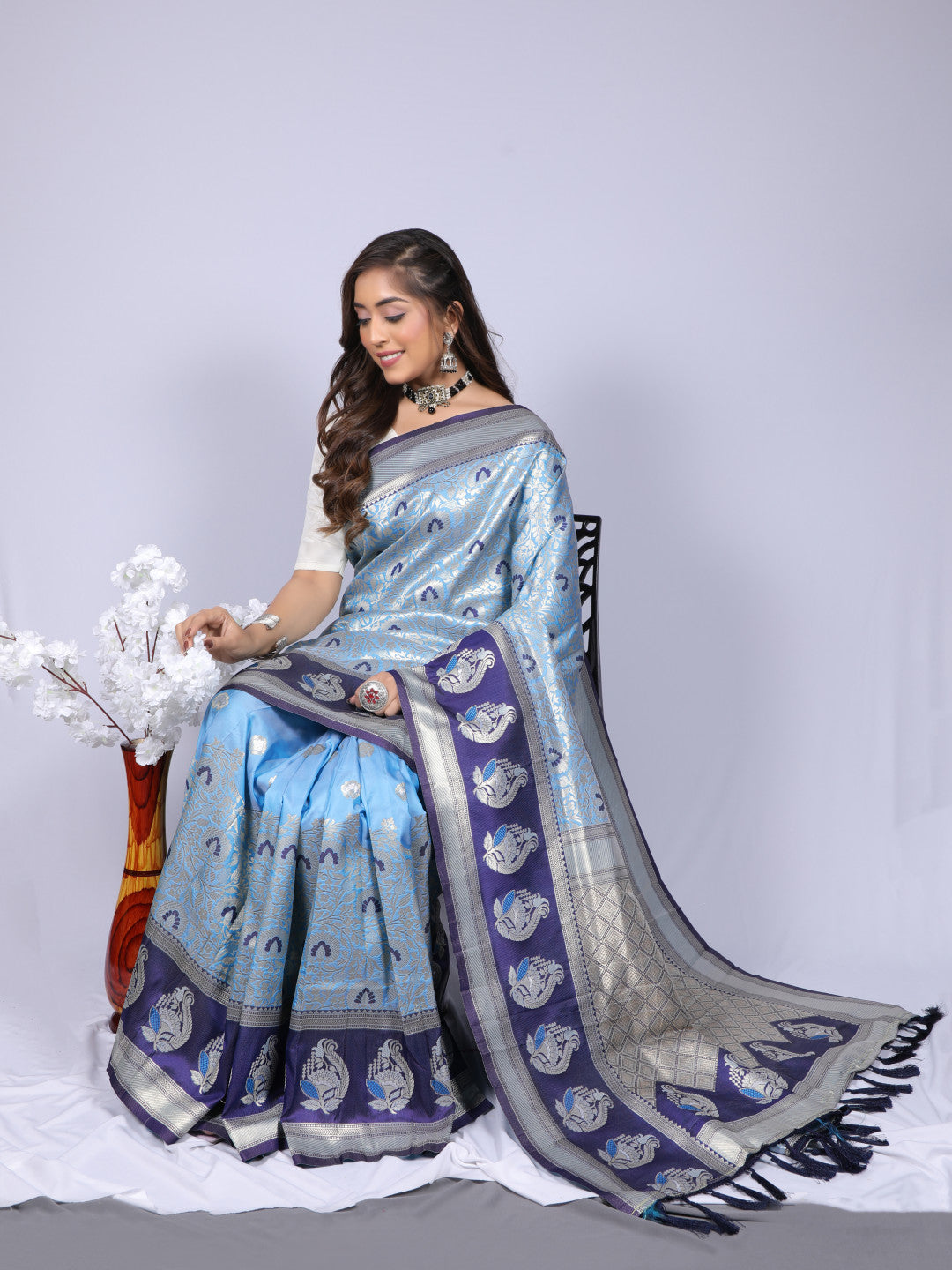 Sky blue color kanchipuram silk saree with zari weaving work