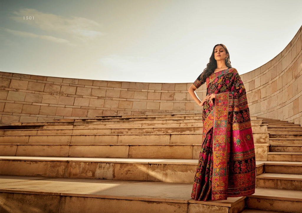 Black traditional pashmina cotton saree with woven design