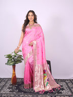 Baby pink color paithani silk saree with zari weaving work