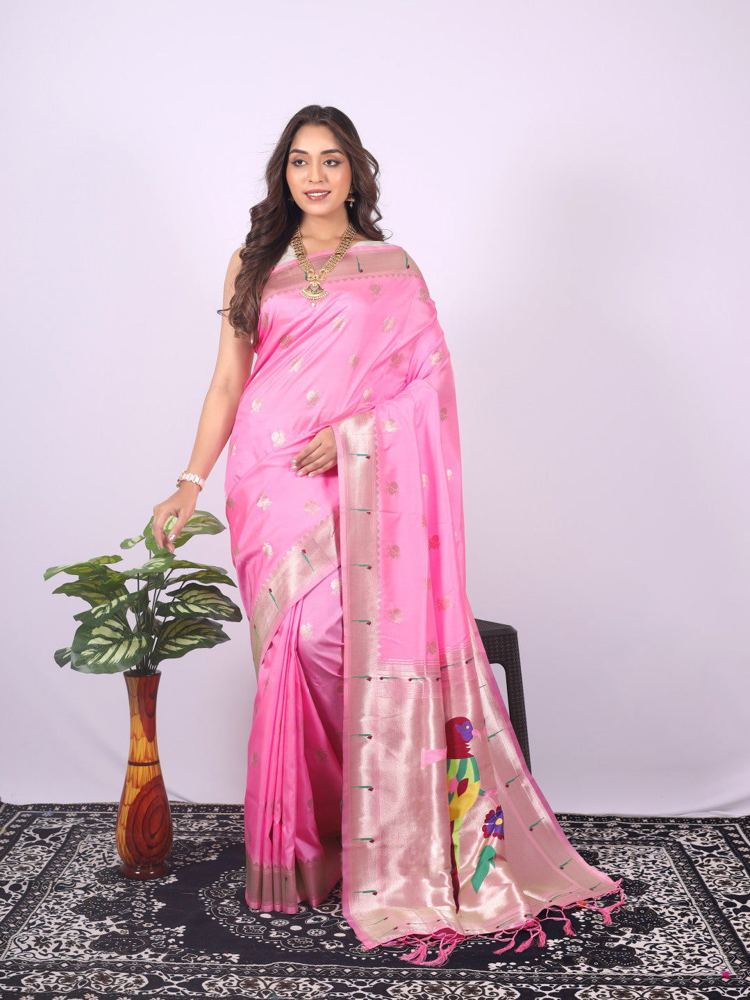 Baby pink color paithani silk saree with zari weaving work