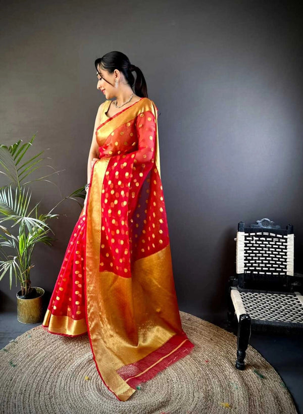 Red latest organza silk saree with zari weaving work