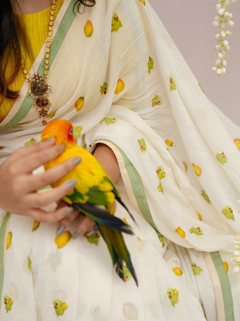 Trendy linen | White linen cotton saree with digital printed work