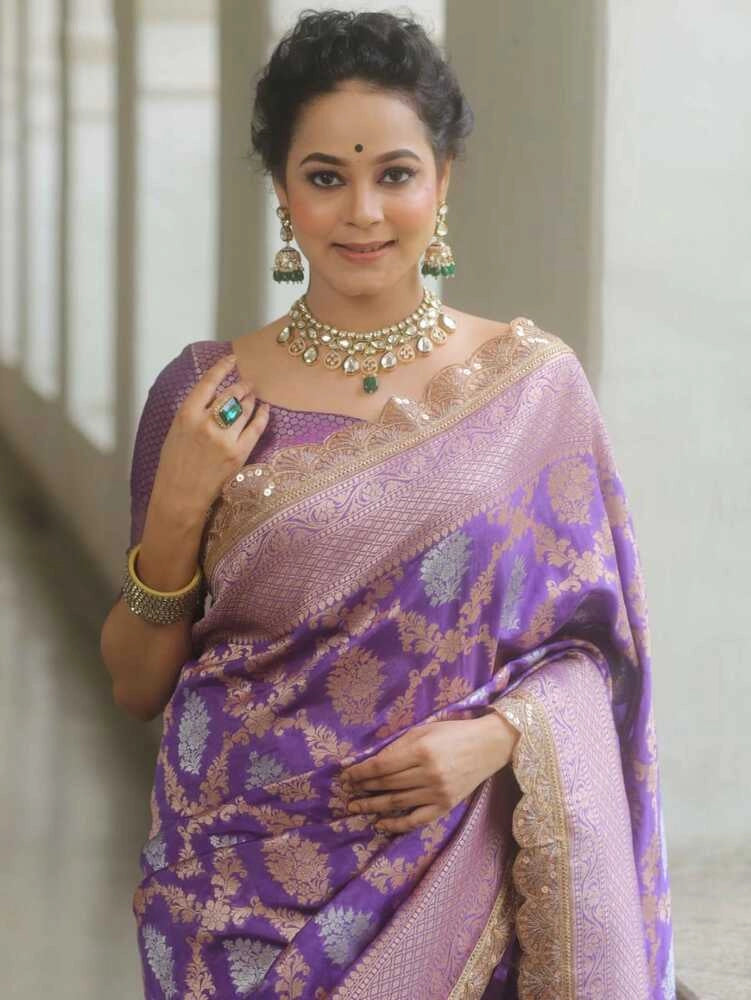 Lavender premium banarasi katan silk saree with zari weaving & lace border