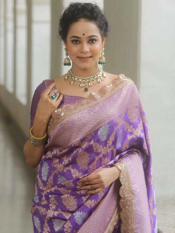 Lavender premium banarasi katan silk saree with zari weaving & lace border