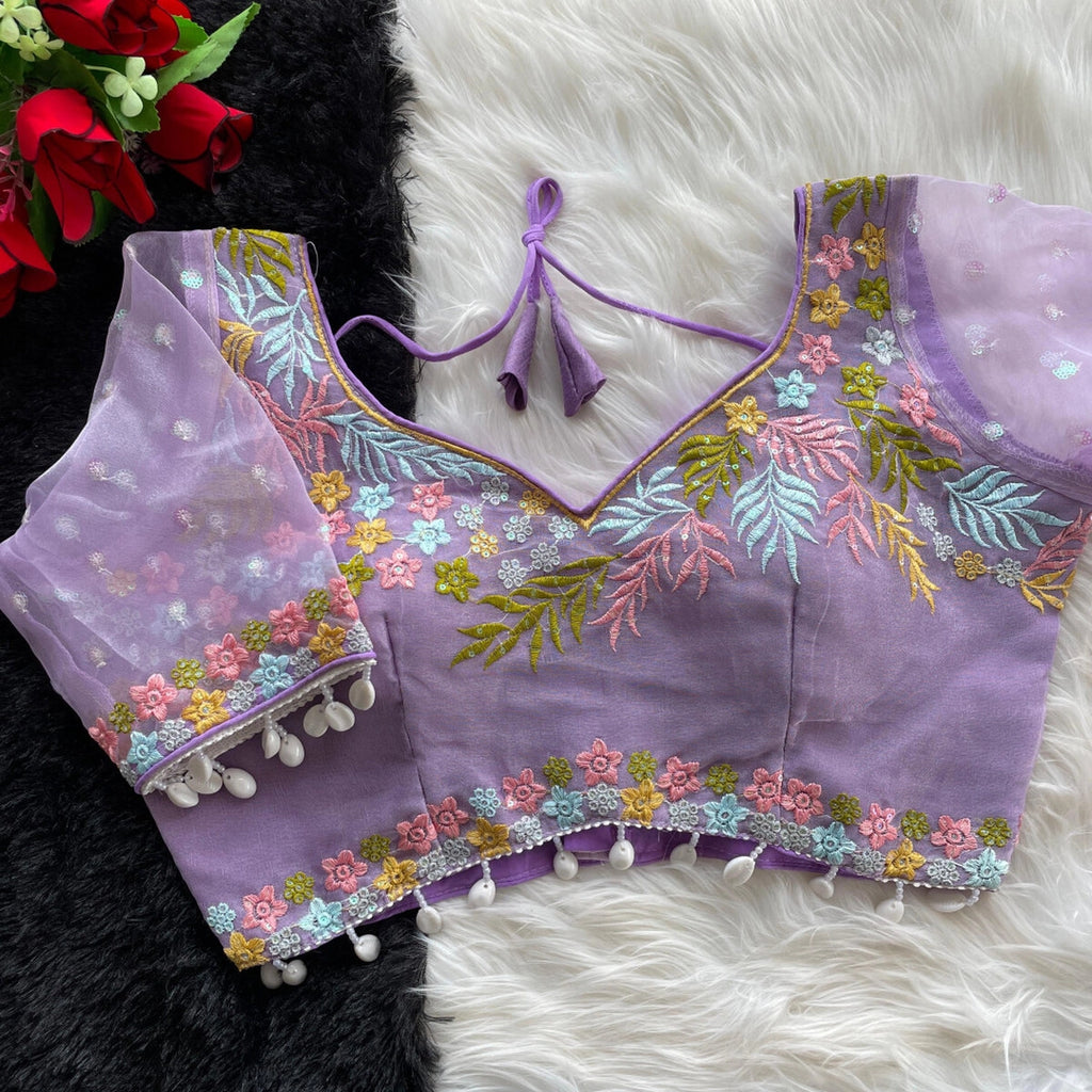 Lavender fancy heavy net readymade blouse with embroidery work