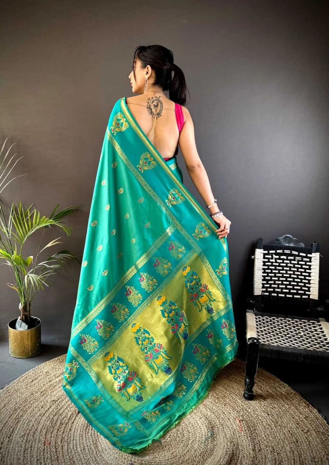 Rama green traditional paithani silk saree with meenakari zari weaving work