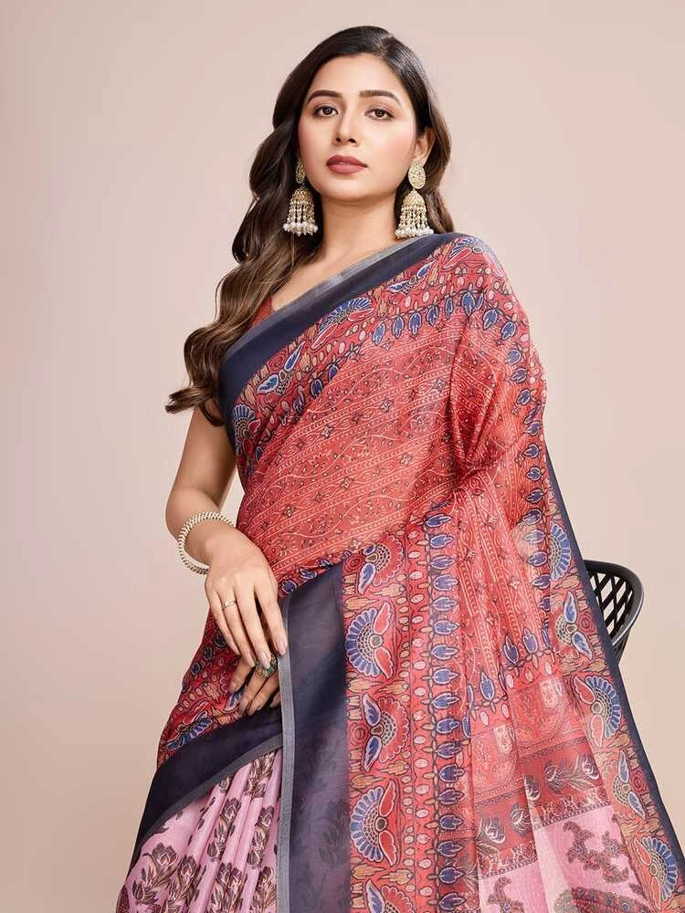 Multi soft linen cotton saree with kalamkari printed work