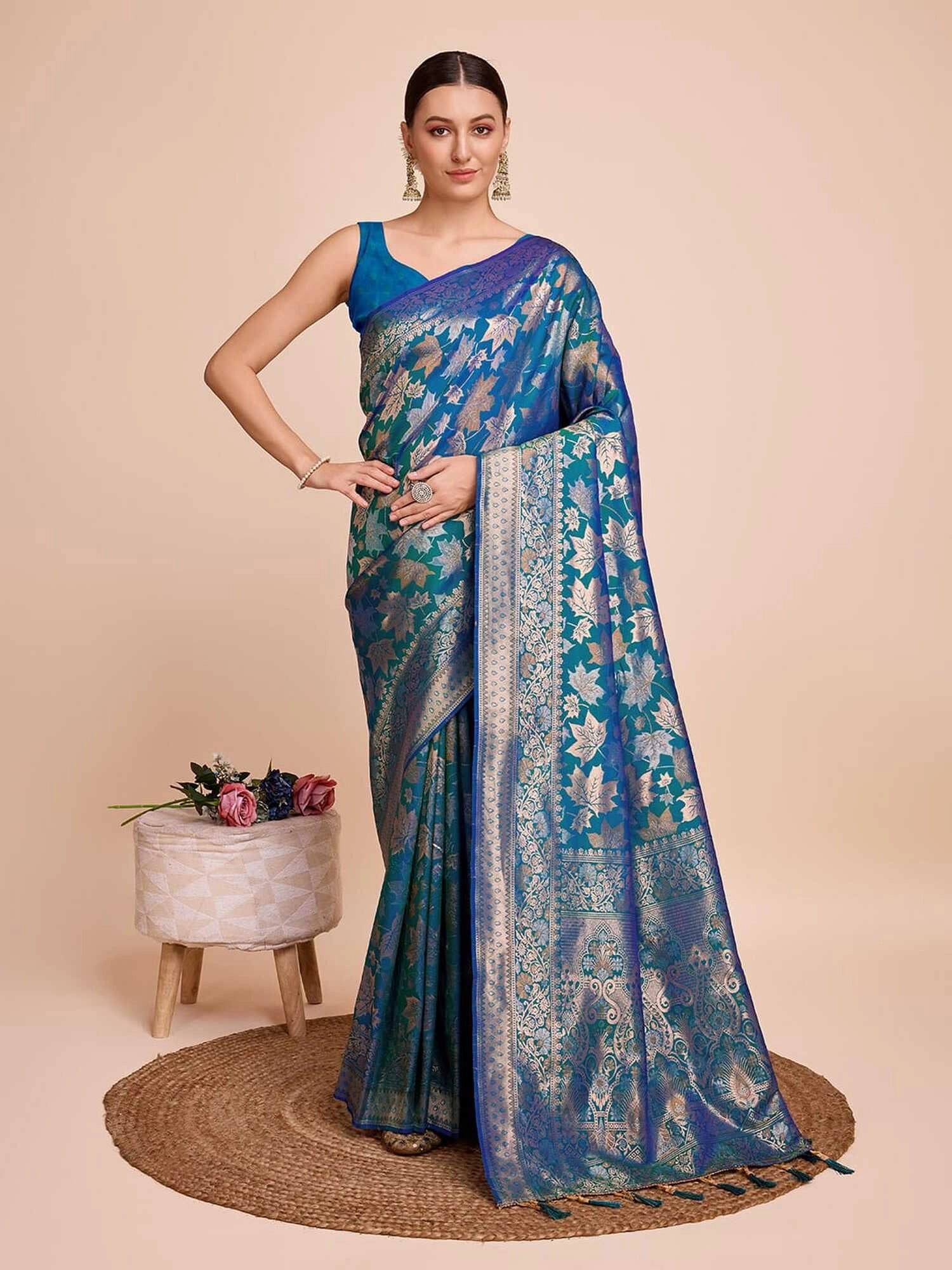 Golden & copper zari weaving with firoji color soft silk banarasi saree