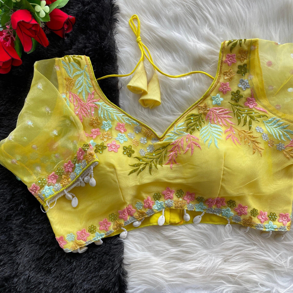 Lemon yellow fancy heavy net readymade blouse with embroidery work