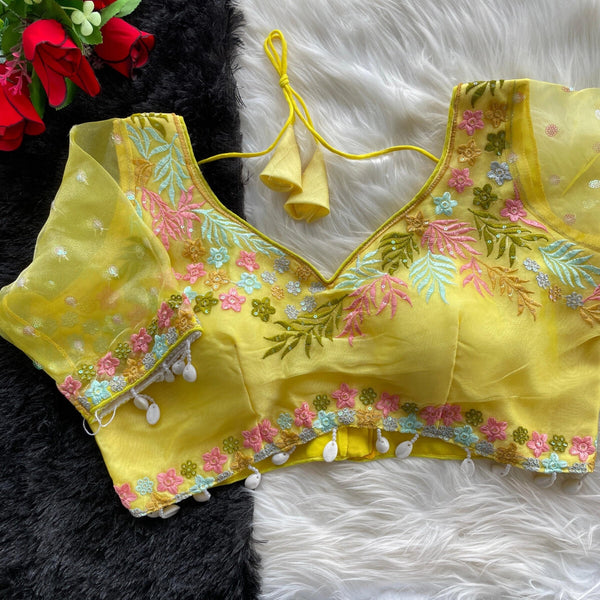 Lemon yellow fancy heavy net readymade blouse with embroidery work