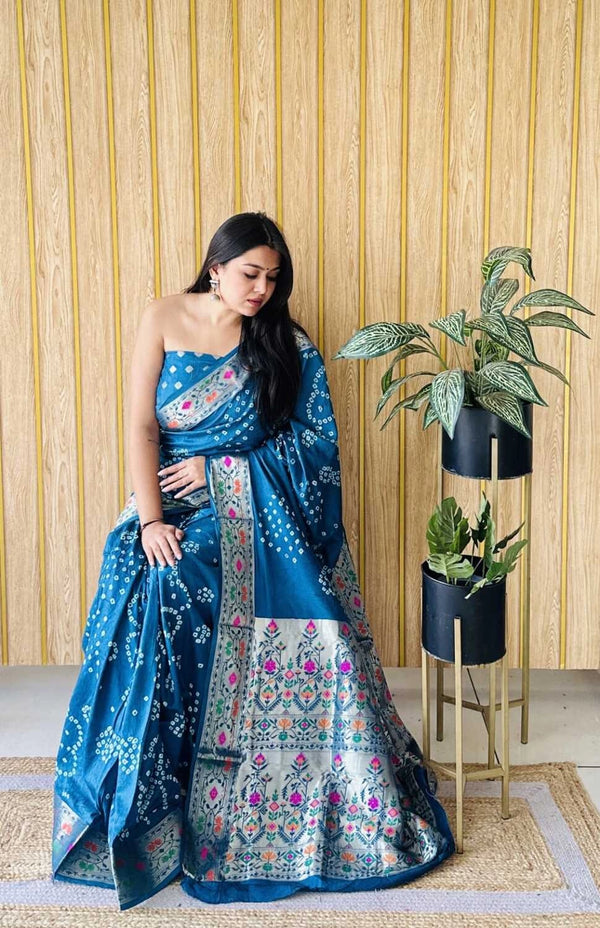 Firoji premium paithani bandhej silk bandhani saree with zari weaving work