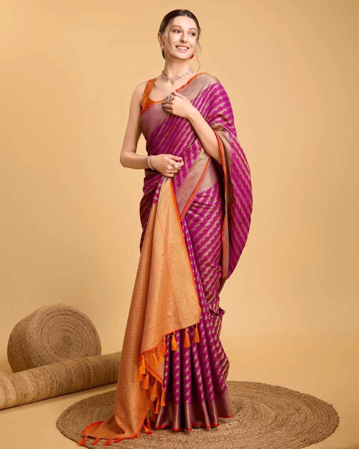Purple color kanchipuram silk saree with zari woven work