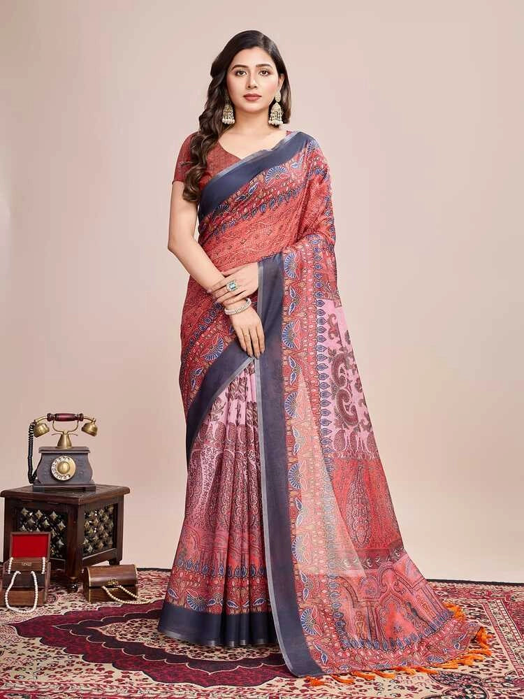 Multi soft linen cotton saree with kalamkari printed work