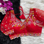 Red fancy heavy net readymade blouse with embroidery work