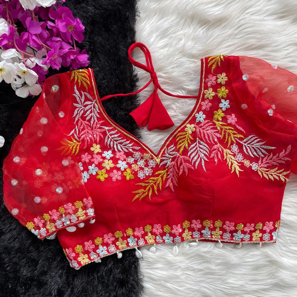 Red fancy heavy net readymade blouse with embroidery work