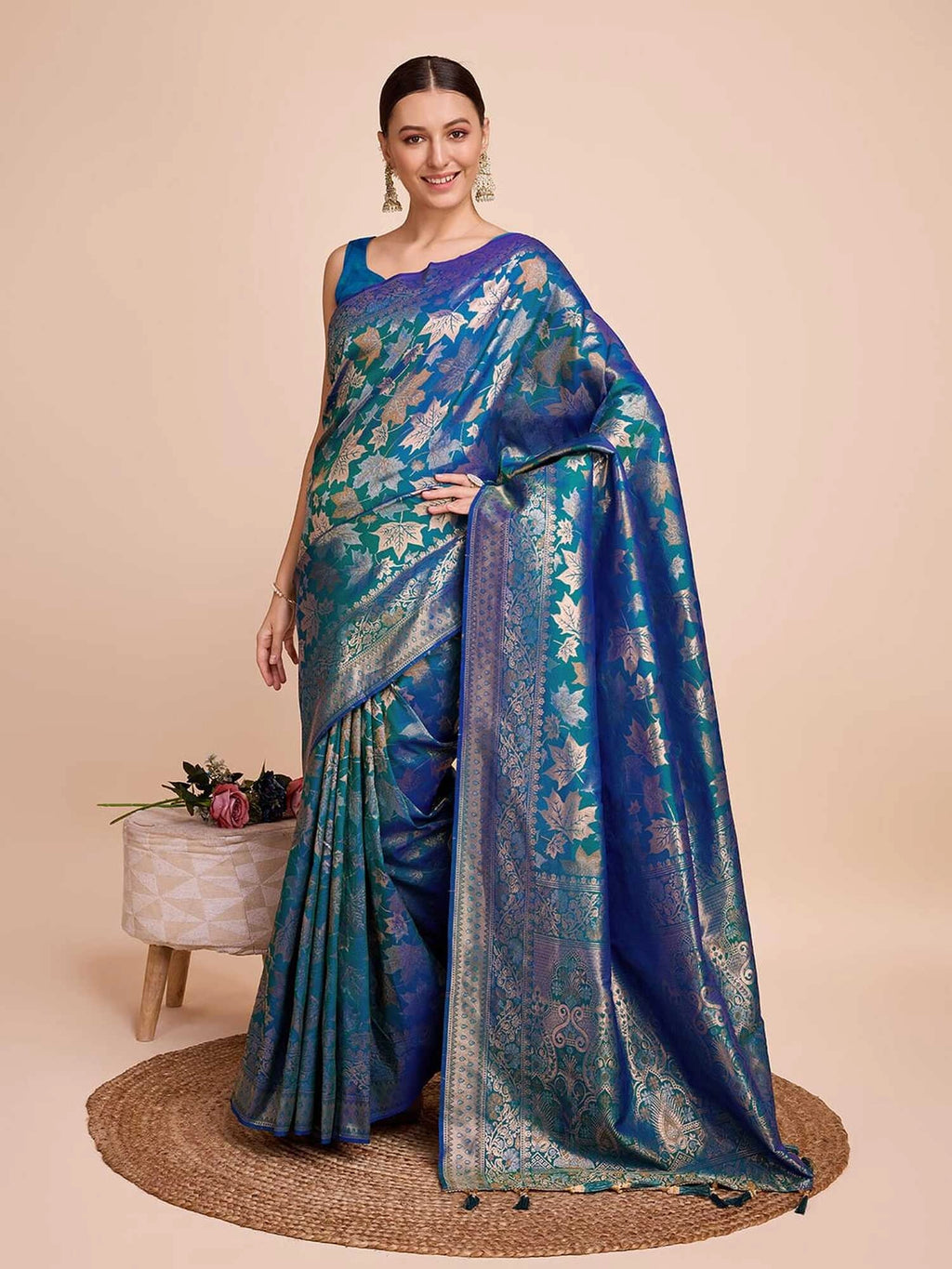 Golden & copper zari weaving with firoji color soft silk banarasi saree