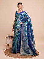 Golden & copper zari weaving with firoji color soft silk banarasi saree