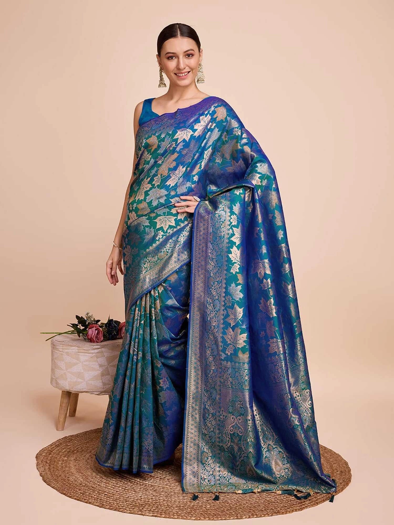 Golden & copper zari weaving with firoji color soft silk banarasi saree