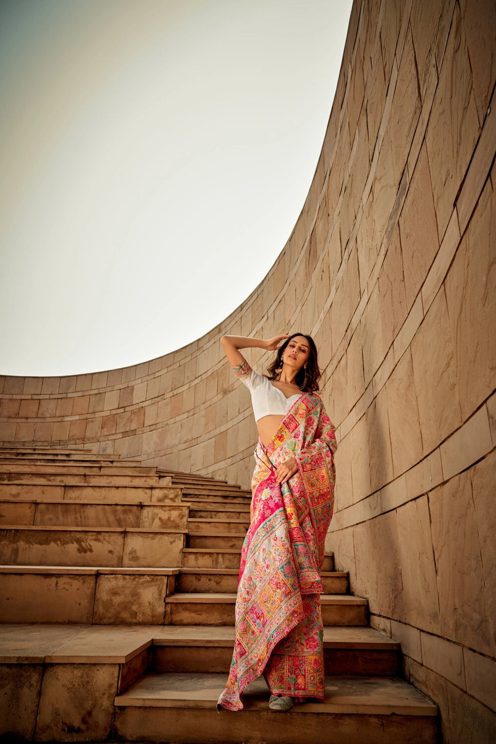 White traditional pashmina cotton saree with woven design