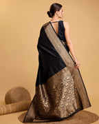 Black color soft kanchipuram silk saree with zari weaving work