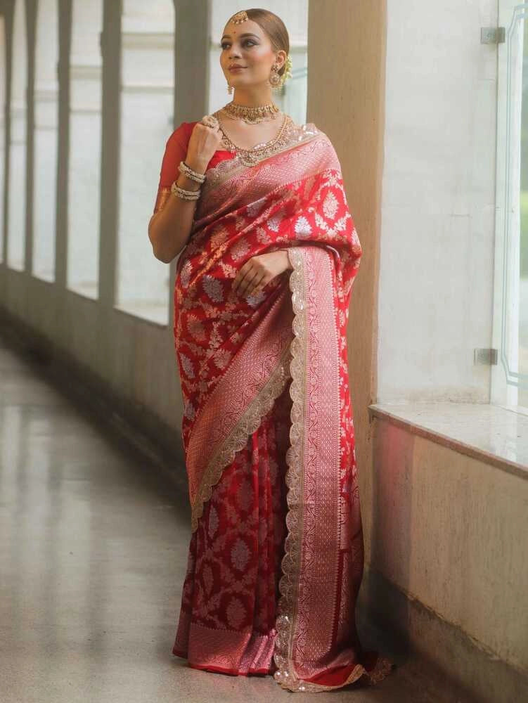 Red premium banarasi katan silk saree with zari weaving & lace border