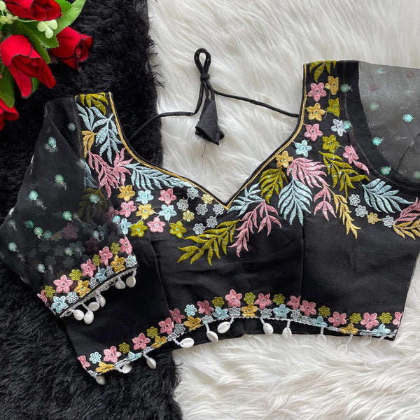 Black fancy heavy net readymade blouse with embroidery work