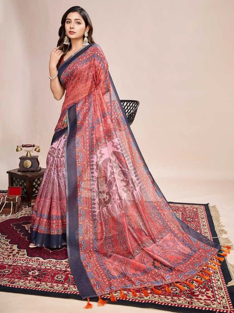 Multi soft linen cotton saree with kalamkari printed work
