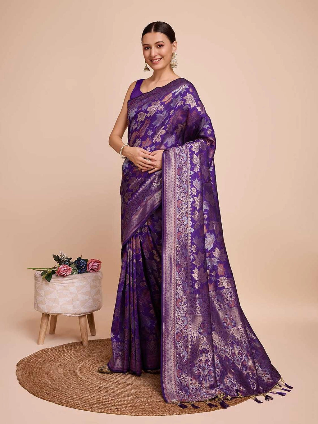 Golden & copper zari weaving with purple color soft silk banarasi saree