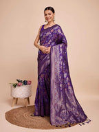 Golden & copper zari weaving with purple color soft silk banarasi saree